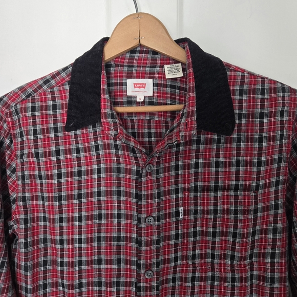Levi's Plaid Flannel In Red With Corduroy Collar Cabincore Size Small - Picture 1 of 4
